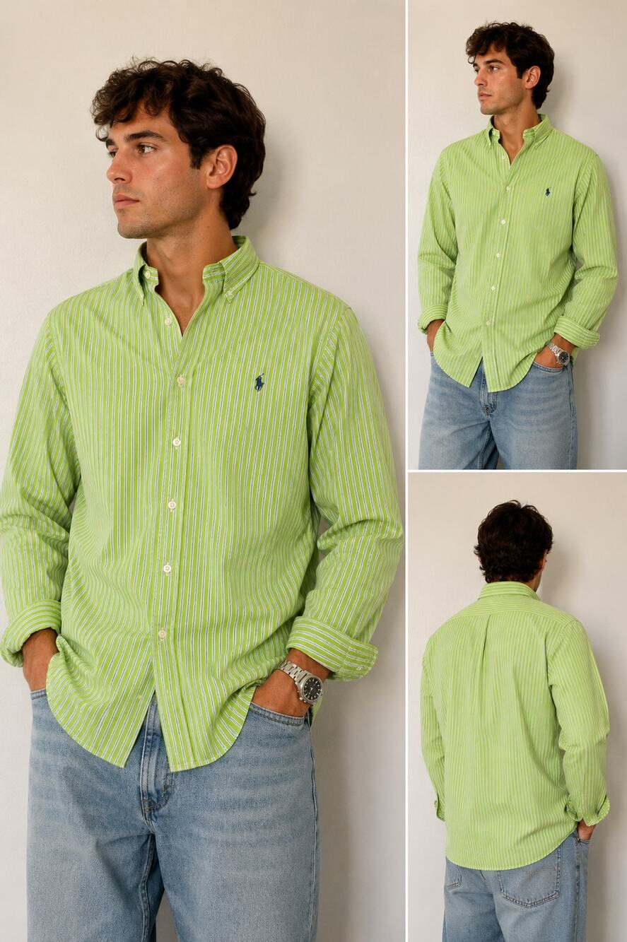 Polo Ralph Lauren Regent Custom Fit Green Blue Stripe Button Down Shirt Men's XL